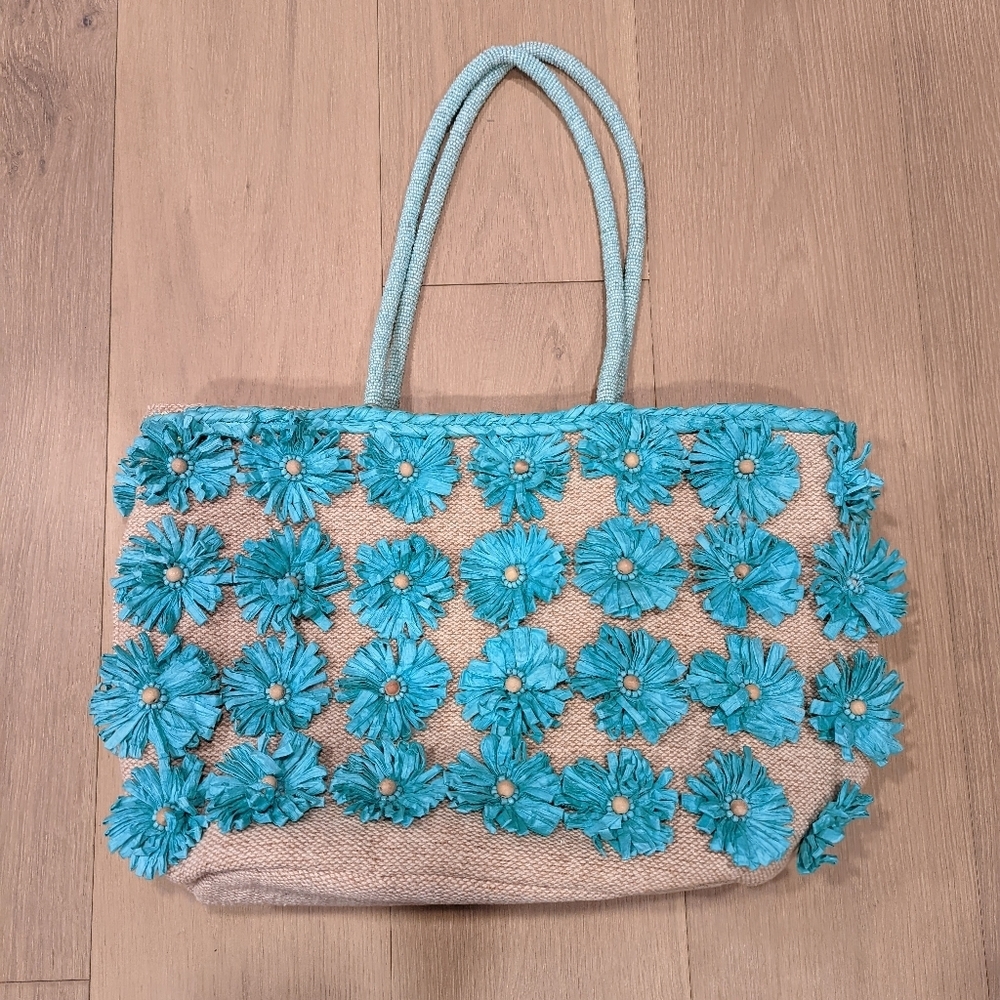 Floral Teal Taffeta and Beadwork Tote Bag